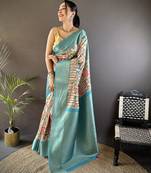 feroze blue soft lichi silk blend multi-color floral digital print paithani saree
