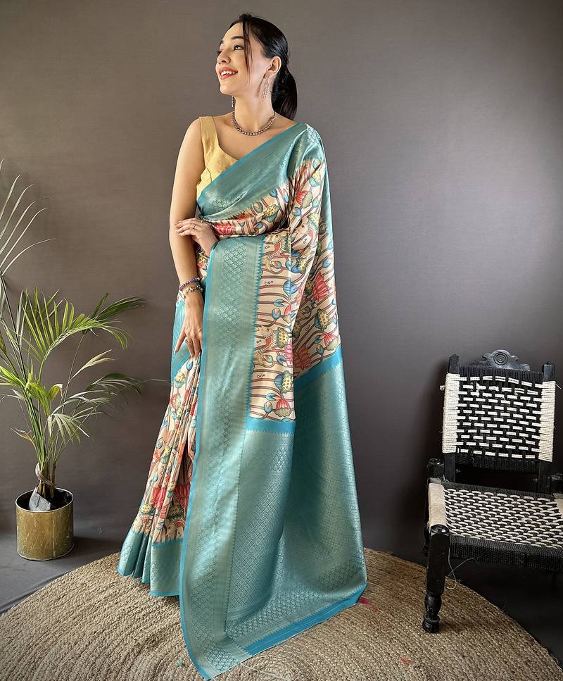 feroze blue soft lichi silk blend multi-color floral digital print paithani saree