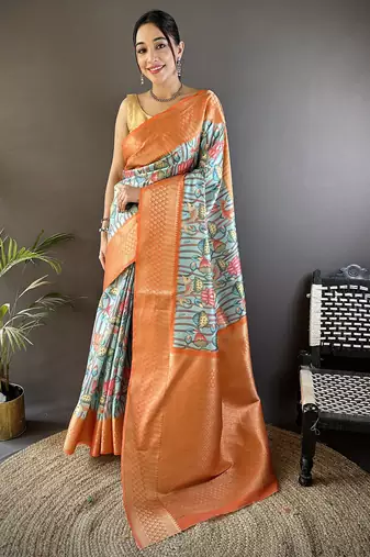 orange soft lichi silk blend multi-color floral digital print paithani saree