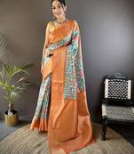 orange soft lichi silk blend multi-color floral digital print paithani saree