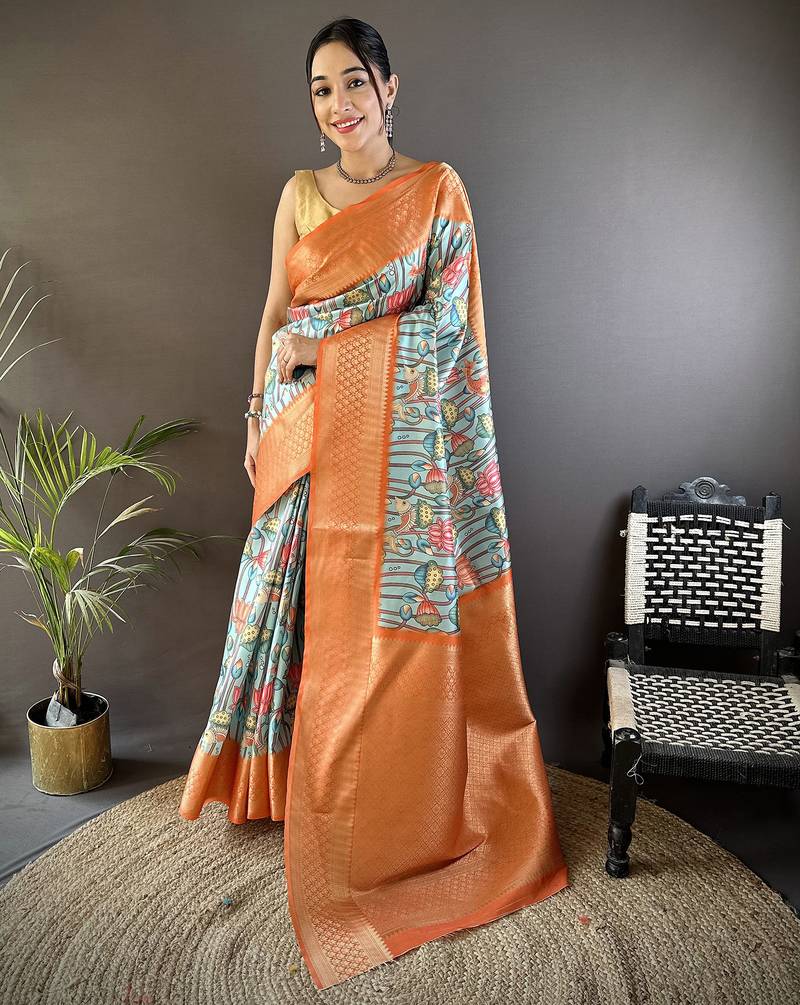 orange soft lichi silk blend multi-color floral digital print paithani saree