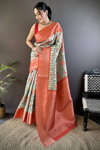 reddish orange soft lichi silk blend multi-color floral digital print paithani saree