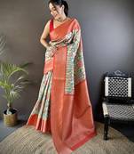 reddish orange soft lichi silk blend multi-color floral digital print paithani saree