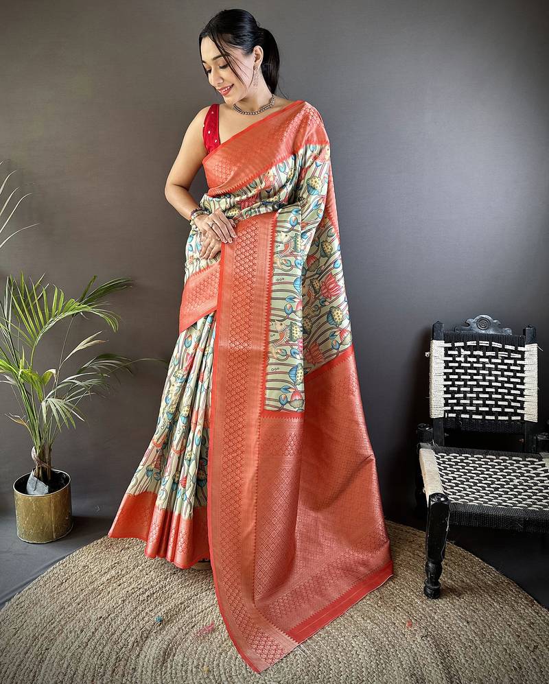 reddish orange soft lichi silk blend multi-color floral digital print paithani saree