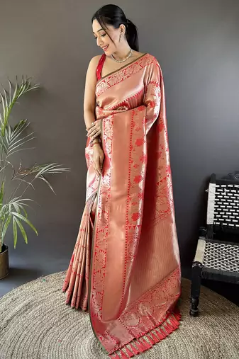 peach soft banarasi silk blend flower jall zari weaving designer saree