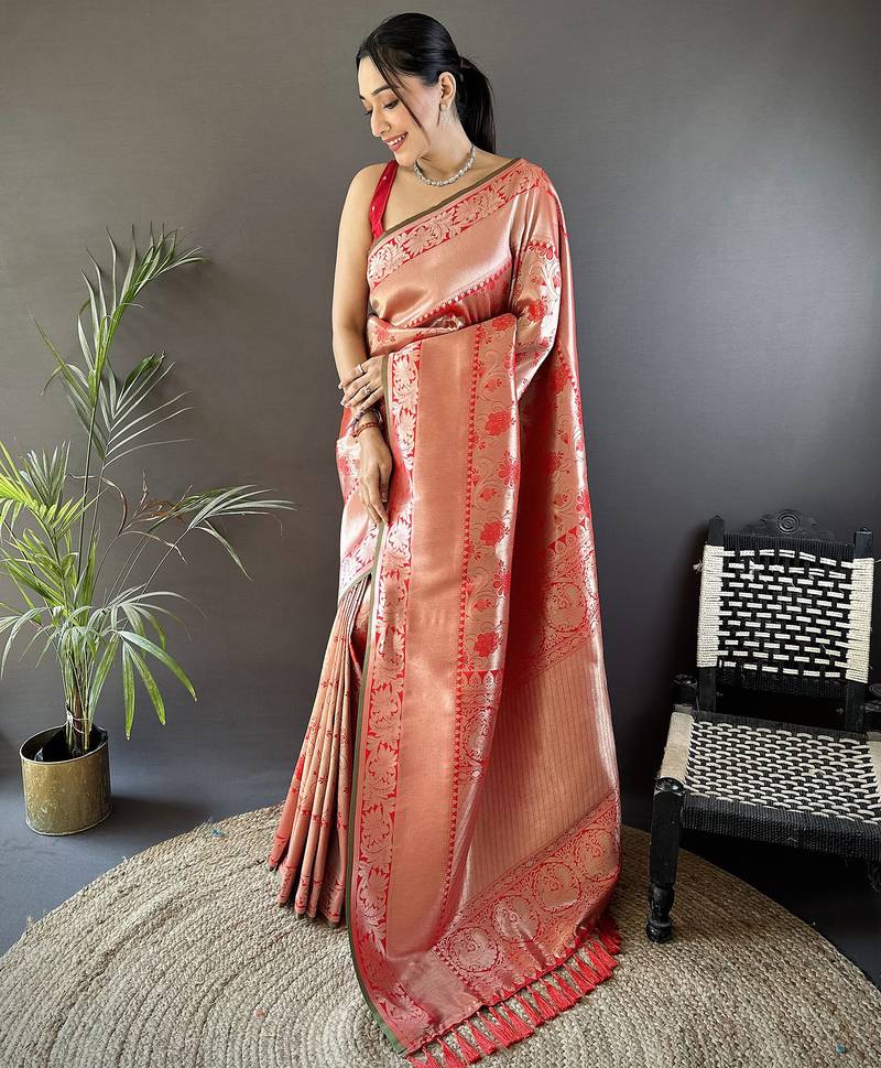 peach soft banarasi silk blend flower jall zari weaving designer saree