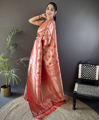 peach soft banarasi silk blend flower jall zari weaving designer saree 2