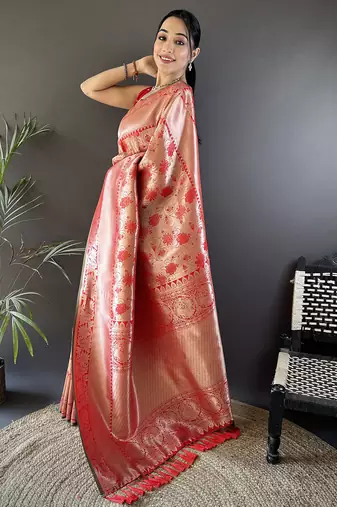 peach soft banarasi silk blend flower jall zari weaving designer saree