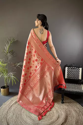 peach soft banarasi silk blend flower jall zari weaving designer saree