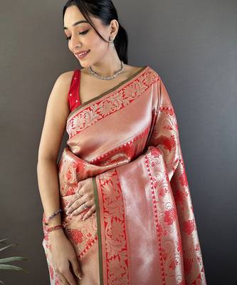 peach soft banarasi silk blend flower jall zari weaving designer saree 4