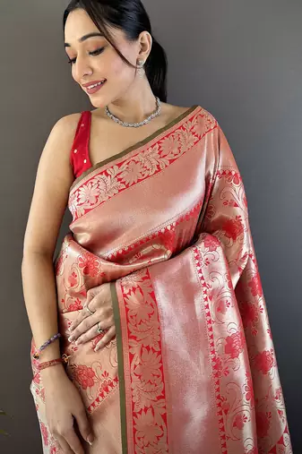 peach soft banarasi silk blend flower jall zari weaving designer saree