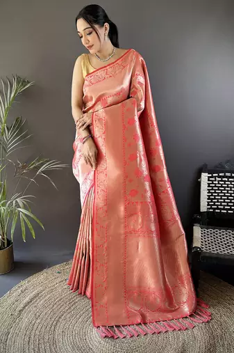 onion pink soft banarasi silk blend flower jall zari weaving designer saree