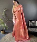 onion pink soft banarasi silk blend flower jall zari weaving designer saree