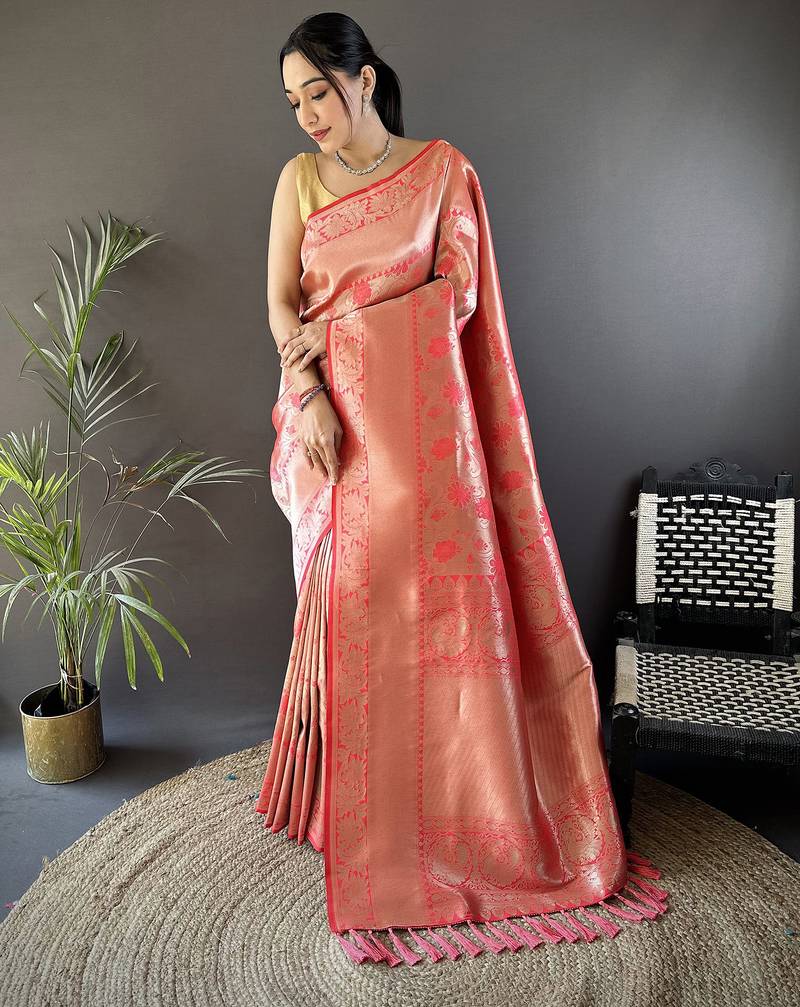 onion pink soft banarasi silk blend flower jall zari weaving designer saree