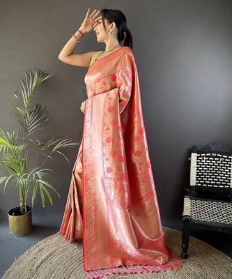 onion pink soft banarasi silk blend flower jall zari weaving designer saree 2