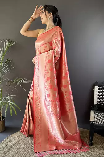 onion pink soft banarasi silk blend flower jall zari weaving designer saree
