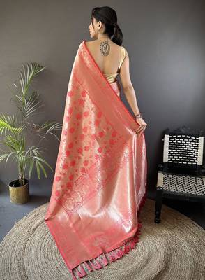onion pink soft banarasi silk blend flower jall zari weaving designer saree 3