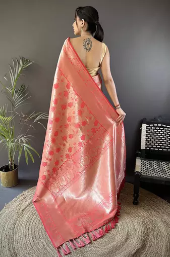 onion pink soft banarasi silk blend flower jall zari weaving designer saree