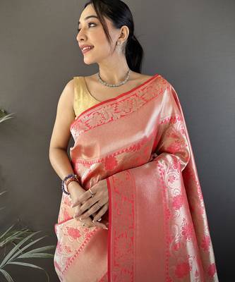 onion pink soft banarasi silk blend flower jall zari weaving designer saree 4