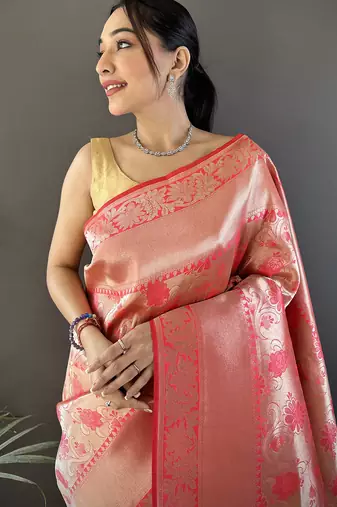 onion pink soft banarasi silk blend flower jall zari weaving designer saree