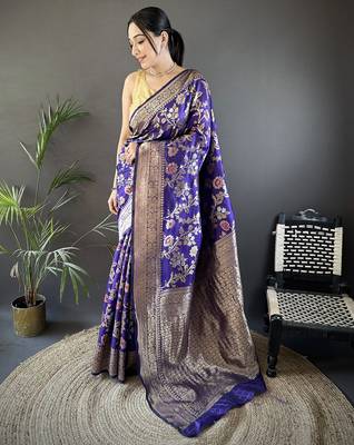 voilet soft banarasi silk blend floral & ethnic motifs meenakari zari weaving banarasi saree 1