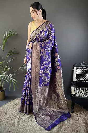 voilet soft banarasi silk blend floral & ethnic motifs meenakari zari weaving banarasi saree