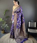 voilet soft banarasi silk blend floral & ethnic motifs meenakari zari weaving banarasi saree