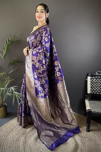 voilet soft banarasi silk blend floral & ethnic motifs meenakari zari weaving banarasi saree