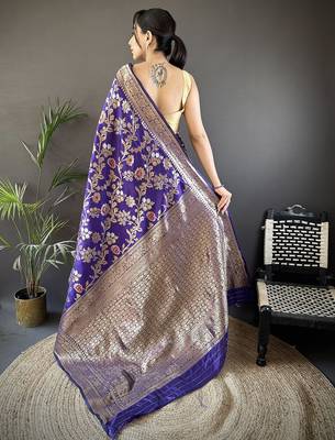 voilet soft banarasi silk blend floral & ethnic motifs meenakari zari weaving banarasi saree 4