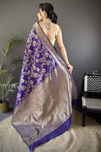 voilet soft banarasi silk blend floral & ethnic motifs meenakari zari weaving banarasi saree