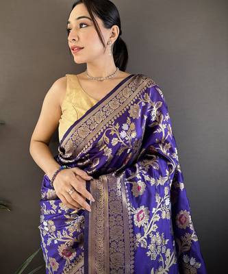 voilet soft banarasi silk blend floral & ethnic motifs meenakari zari weaving banarasi saree 5