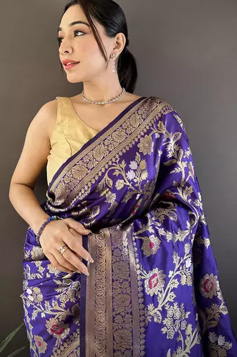 voilet soft banarasi silk blend floral & ethnic motifs meenakari zari weaving banarasi saree