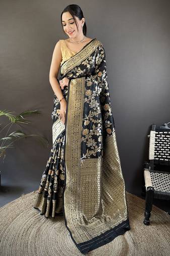 black soft banarasi silk blend floral & ethnic motifs meenakari zari weaving banarasi saree