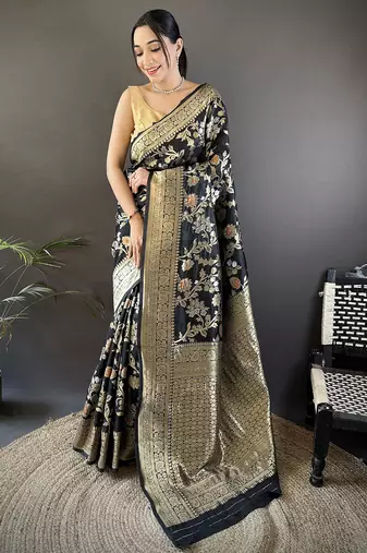 black soft banarasi silk blend floral & ethnic motifs meenakari zari weaving banarasi saree