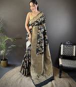 black soft banarasi silk blend floral & ethnic motifs meenakari zari weaving banarasi saree
