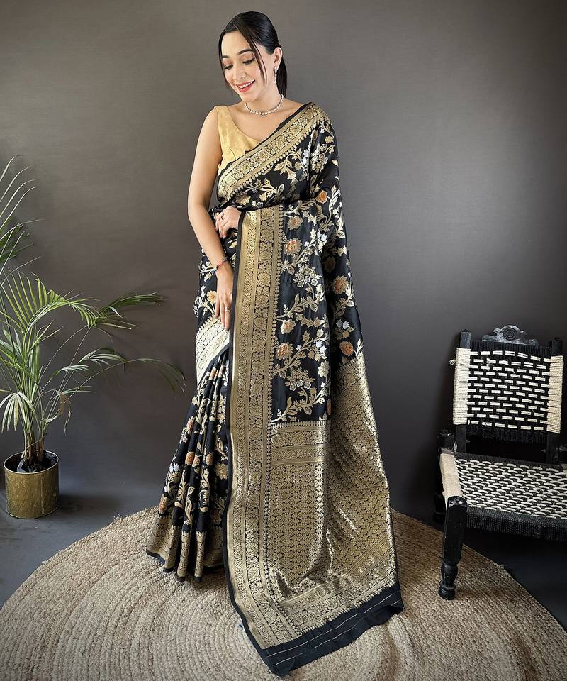 black soft banarasi silk blend floral & ethnic motifs meenakari zari weaving banarasi saree
