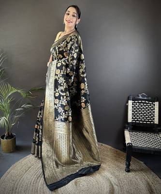 black soft banarasi silk blend floral & ethnic motifs meenakari zari weaving banarasi saree 2