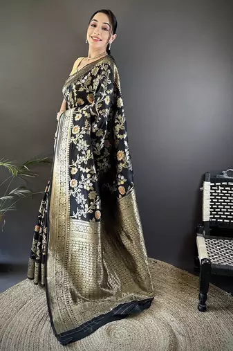 black soft banarasi silk blend floral & ethnic motifs meenakari zari weaving banarasi saree