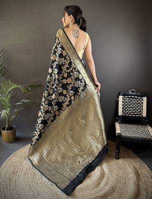 black soft banarasi silk blend floral & ethnic motifs meenakari zari weaving banarasi saree 3