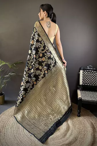 black soft banarasi silk blend floral & ethnic motifs meenakari zari weaving banarasi saree