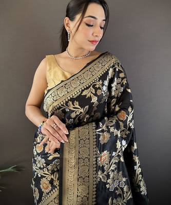 black soft banarasi silk blend floral & ethnic motifs meenakari zari weaving banarasi saree 4