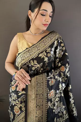 black soft banarasi silk blend floral & ethnic motifs meenakari zari weaving banarasi saree