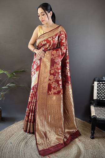 maroon soft banarasi silk blend floral & ethnic motifs meenakari zari weaving banarasi saree