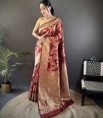 maroon soft banarasi silk blend floral & ethnic motifs meenakari zari weaving banarasi saree