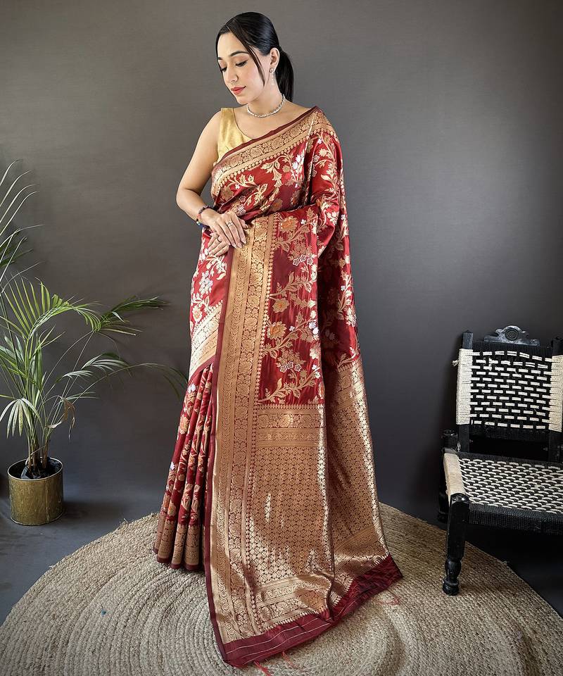 maroon soft banarasi silk blend floral & ethnic motifs meenakari zari weaving banarasi saree