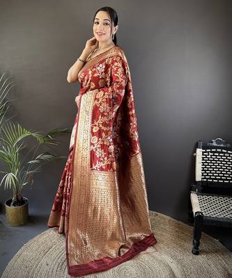 maroon soft banarasi silk blend floral & ethnic motifs meenakari zari weaving banarasi saree 2