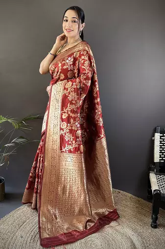 maroon soft banarasi silk blend floral & ethnic motifs meenakari zari weaving banarasi saree