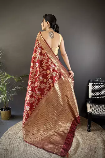 maroon soft banarasi silk blend floral & ethnic motifs meenakari zari weaving banarasi saree