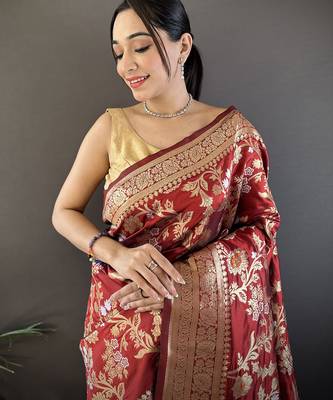 maroon soft banarasi silk blend floral & ethnic motifs meenakari zari weaving banarasi saree 4