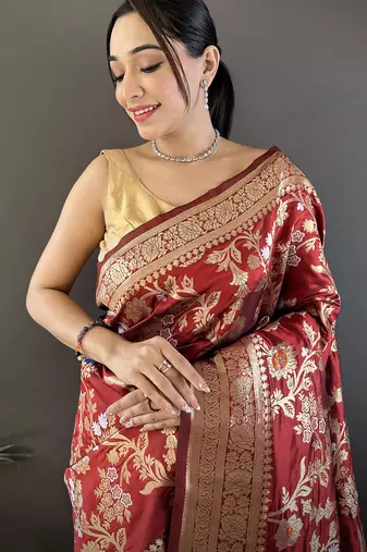 maroon soft banarasi silk blend floral & ethnic motifs meenakari zari weaving banarasi saree